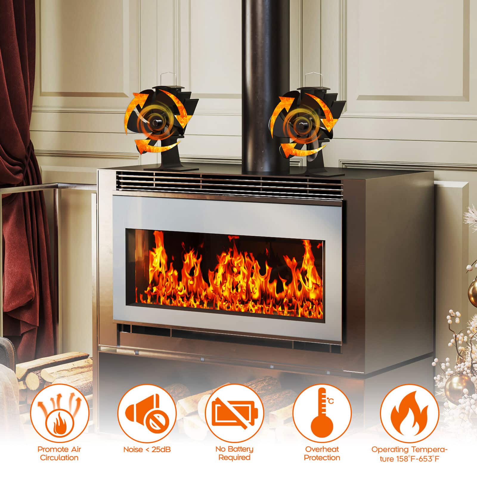 6 Blades Heat Powered Fireplace Stove Fan - 360° Rotation Log Wood Burner