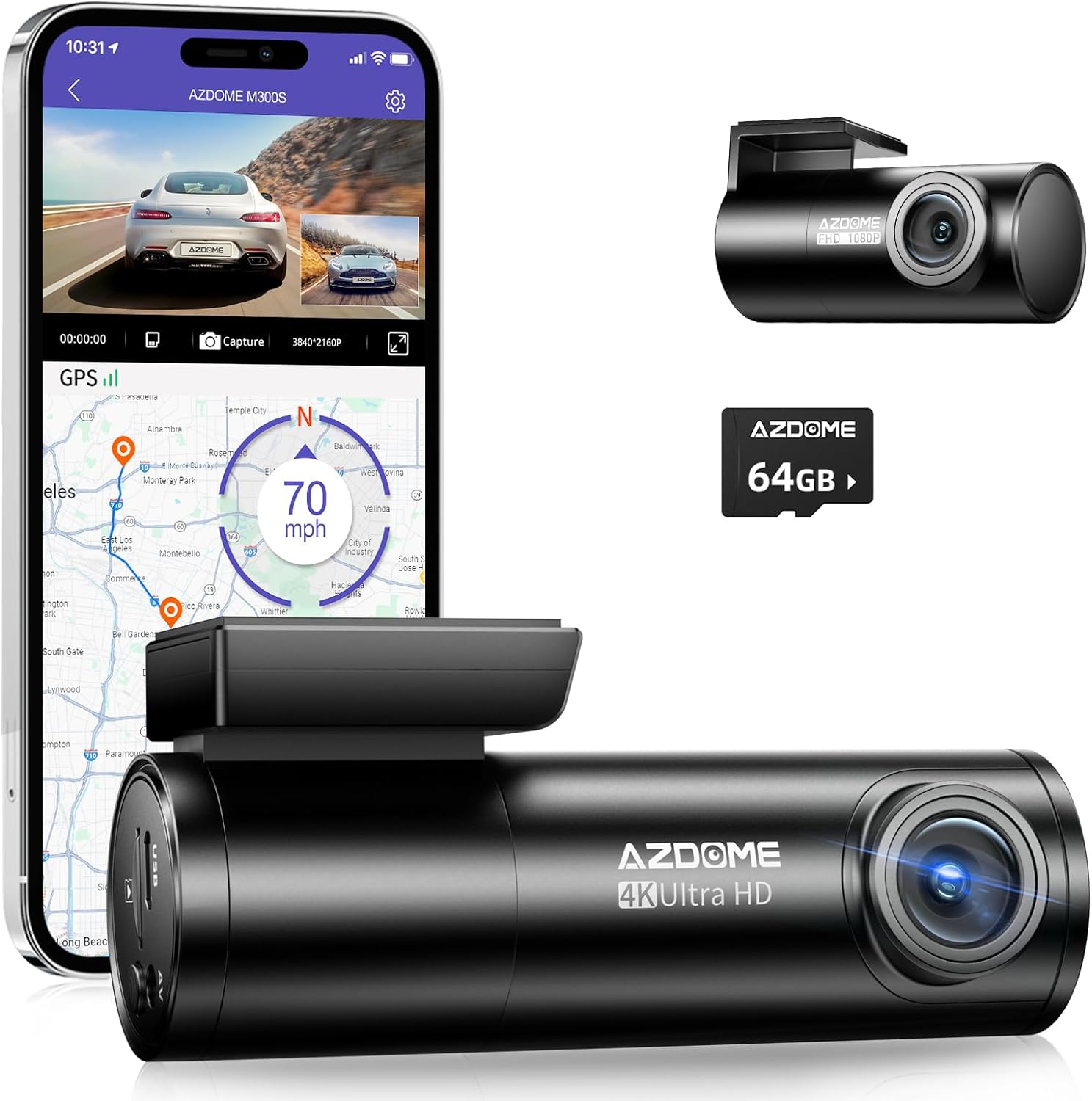 AZDOME M300S 4K Dash Cam with 5.8G WiFi Free 64GB SD Card